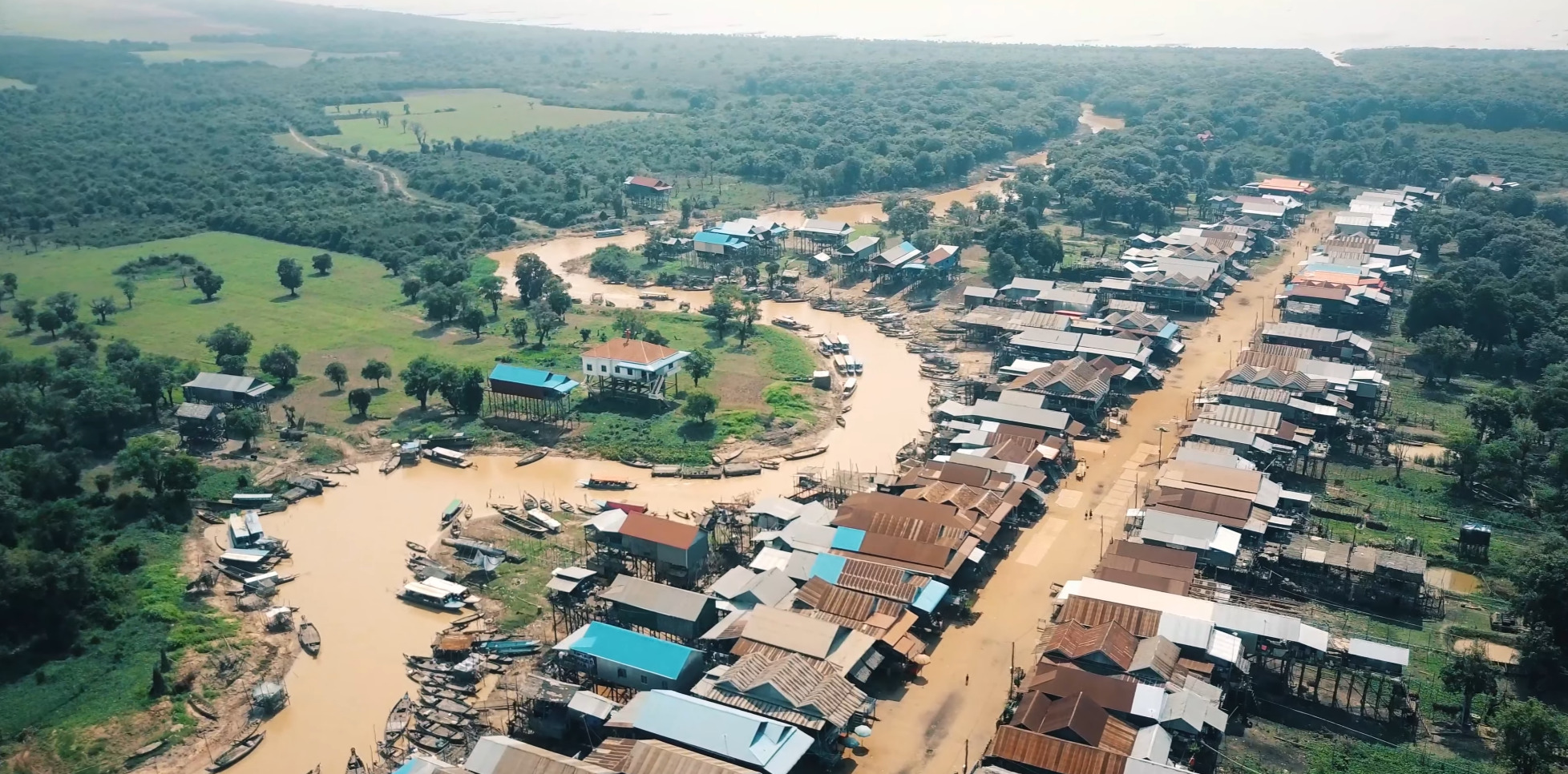 Kampong Phluk floating village. Drone photography during the dry season